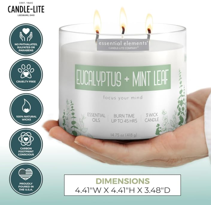 CANDLE-LITE Essential Elements by Candle-lite Scented Candles, Eucalyptus & Mint Leaf Fragrance, One 14.75 oz. Three-Wick Aromatherapy Candle with 45 Hours of Burn Time, Off-White Color - Image 3